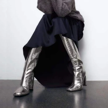 Женские ботинки Зима 2022, Новые сапоги до колена с каменным узором на тонком каблуке С квадратным носком, Туфли на высоком каблуке Botas De Mujer 34-43