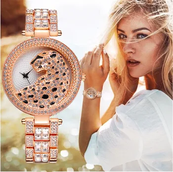 Женские Леопардовые часы из Розового Золота с кристаллами и бриллиантами, Роскошные Модные часы с побрякушками, Повседневные женские кварцевые часы Relogio Feminino