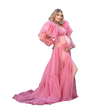 Женские Сексуальные Шали для беременных, платья, Розовые халаты для фотосессии или душа ребенка, тюлевые платья с рюшами и высоким Разрезом, Женские платья для фотосъемки