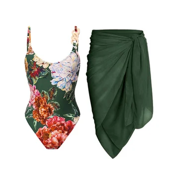 Женский купальный костюм, Цельный купальник с принтом и юбка, Праздничное Пляжное платье, Треугольный комплект Бикини Пуш-ап, одежда для серфинга с открытой спиной