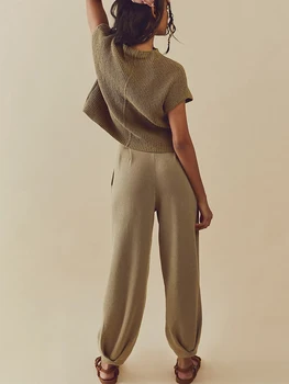 Женский повседневный комплект одежды из двух предметов, вязаный пуловер, свитер и брюки для бега с высокой талией, спортивный костюм для отдыха