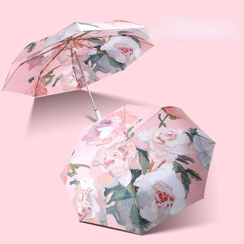 Женский солнцезащитный зонтик С цветочным принтом, Складной, защищающий от ультрафиолета, Женский Летний Модный зонтик, Ветрозащитный Компактный дорожный открытый зонтик