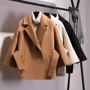 Женское пальто 2023, Новое однотонное длинное шерстяное пальто, Женское пальто, Твидовый жакет с поясом и длинным рукавом