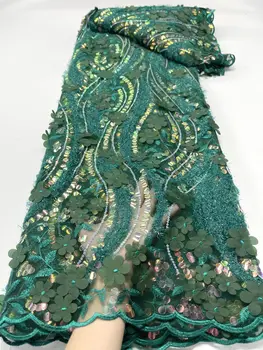 Зеленая Африканская ткань с 3D Цветами, 5 Ярдов 2023, Высококачественная Кружевная ткань, Расшитая клеевыми Блестками, Французская Нигерийская Кружевная ткань для Свадьбы
