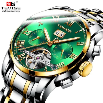 Зеленые Автоматические Часы Мужские TEVISE 9005 Tourbillon, Люминесцентные Механические Часы Из Нержавеющей стали, Водонепроницаемые Деловые Наручные Часы