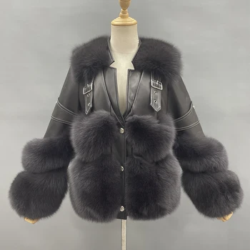 Зимняя куртка MISSJANEFUR, Женская кожаная куртка С мехом из натуральной овчины, мягкая Модная теплая короткая шуба из натурального меха лисы