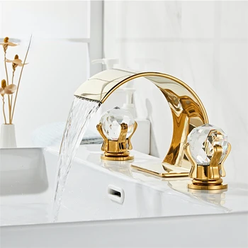 Золотой кран для ванной Комнаты, широко распространенный кран для раковины, Латунный Кран для раковины в ванной, Кран для горячей и холодной воды с хрустальной ручкой на 3 отверстия
