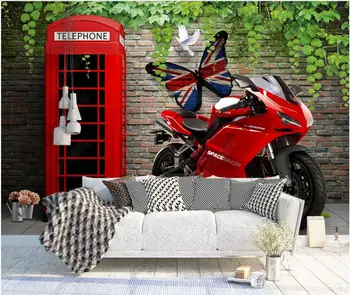 изготовленная на заказ фреска 3D фотообои Красная телефонная будка мотоцикл кирпичная стена большой размер гостиная домашний декор обои на стену