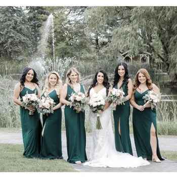 Изумрудно-зеленое Женское вечернее свадебное платье Подружки невесты с глубоким V-образным вырезом, Трапециевидной формы, без рукавов, с разрезом по бокам, длиной до пола, вечернее платье