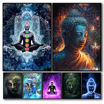 Индийская Статуя Будды, Плакат с Чакрой Для Медитации, Мандала, Настенное Искусство, Психоделическое Украшение для Йоги, Эстетические плакаты, HD холст, живопись