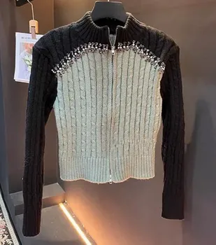 Кардиганчик с завышенной талией и ромбовидным переплетением, вязаный свитер с высоким воротом в стиле ретро, верхняя одежда на осень-зиму