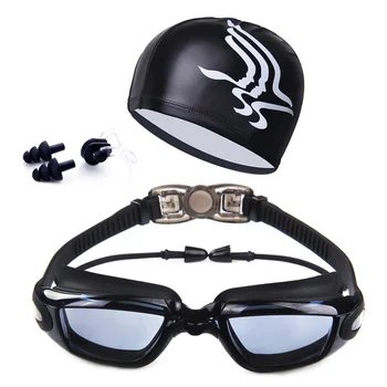 Комплект очков для плавания для взрослых, линзы с покрытием, противотуманные очки для плавания + кепка + Чехол + зажим для носа + беруши