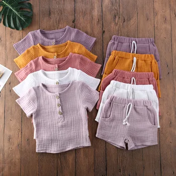 Комплекты летней повседневной одежды для маленьких мальчиков, однотонная футболка с коротким рукавом, топы и брюки, комплект одежды из 2 предметов