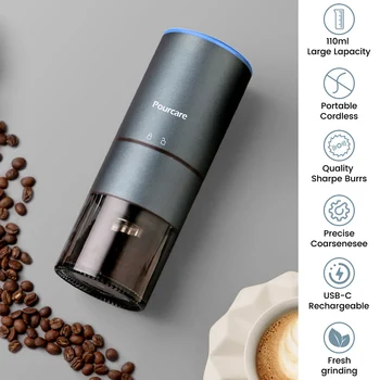 Кофемолка с сердечником из нержавеющей стали, Электрическая Кофемолка для кофейных зерен, USB-Перезаряжаемая кофемашина со светодиодной подсветкой