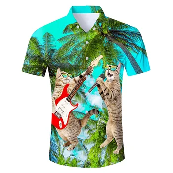 Кошачий Череп Y2k, Рубашки с Растительным Рисунком, Мужская Одежда, Гавайская Пляжная Рубашка с 3D Принтом, Топы с коротким рукавом, Винтажная Одежда, Блузка с Лацканами