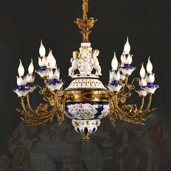 Латунная керамическая люстра во французском стиле, гостиная, Банкетный зал, лобби, Подвесной светильник, Европейский Роскошный медный светильник