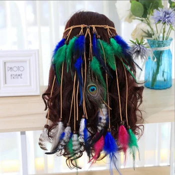 Лента для волос из перьев Индийская Цыганская повязка на голову Кисточка из перьев Пеньковая веревка для фестивалей Маскарадов Карнавала Аксессуары для волос женщин-хиппи