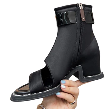 Летние женские сандалии 2023 года, Уникальный дизайн объемной подошвы на молнии, Короткие ботинки с круглым носком и открытой головкой, Модные привлекательные ботинки на высоком каблуке