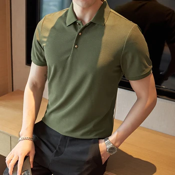 Летняя новинка 2023, Мужская Модная Приталенная Повседневная Однотонная рубашка Поло с короткими рукавами, Высококачественная Удобная Дышащая футболка Для мужчин