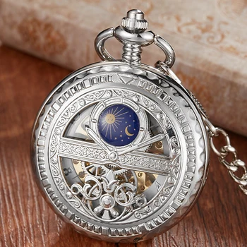 Механические карманные часы с ручным заводом, Винтажные Полые часы с голубой Луной и Звездой, часы-скелет в стиле стимпанк, римские цифры, часы с цепочкой-брелоком