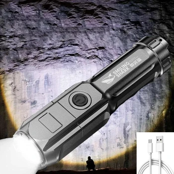 Многофункциональный яркий фонарик, перезаряжаемый через USB, ABS, Сильная фокусировка света, вспышка, Зум-подсветка, Уличный фонарик