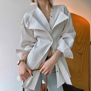 Модная Новая Одежда в корейском стиле в стиле пэчворк, с лацканами и оборками, с длинным рукавом, в полоску, повседневные, поддельные две рубашки для женщин