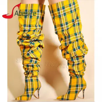 Модные разноцветные женские сапоги до колена в клетку, пикантные рыцарские сапоги на высоком каблуке с острым носком, осенне-зимние женские сапоги до бедра