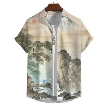 Модные Рубашки Для Мужчин С 3D Пейзажным Принтом, Высококачественная Мужская Одежда, Уличные Дизайнерские Топы с короткими Рукавами, Свободная Рубашка Оверсайз