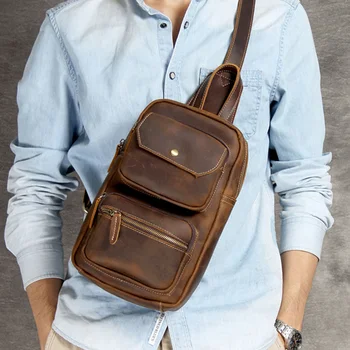 Мужская нагрудная сумка AETOO Crazy horseskin, оригинальная кожаная винтажная повседневная сумка через плечо из воловьей кожи