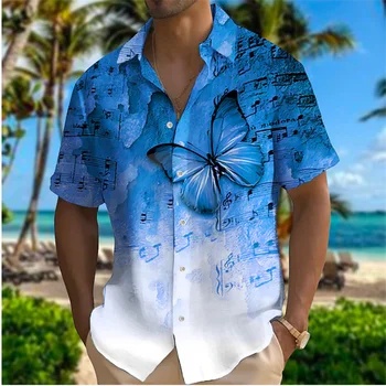 Мужские Рубашки 2023 С принтом Бабочки, Музыкальная нота, Рубашка с отворотом, Голубая Уличная Рубашка с коротким рукавом, Мужская Модная Дизайнерская Повседневная Мягкая