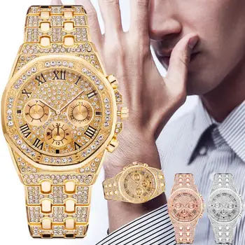 Мужские часы, Модные роскошные трехглазые ромбы с римским рисунком, бриллианты из нержавеющей стали, Многофункциональные повседневные кварцевые часы 2022