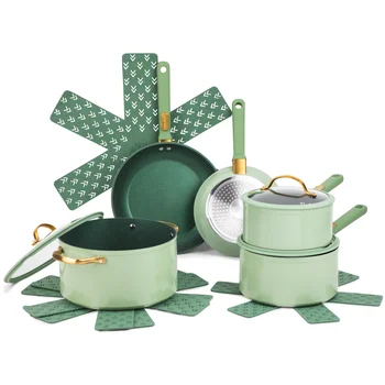 Набор кастрюль и сковородок, набор посуды с антипригарным покрытием из 12 предметов, Наборы зеленых кастрюль с антипригарным покрытием