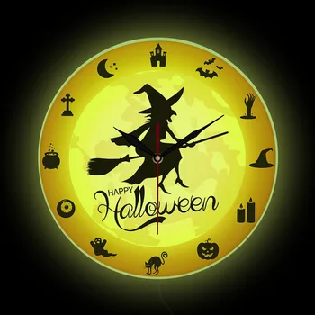 Настенные часы на Метле С Ведьмой, Счастливый Хэллоуин, Домашний Декор, Знак Ужаса, Винтажная Волшебница, Скрещенная Луна, светодиодный Прикроватный Настенный светильник