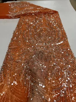Нигерийская Кружевная ткань с пайетками 2023, Высококачественная Оранжевая Африканская Тюлевая ткань с вышивкой для Шитья свадебного платья, Сетчатое Кружево 5 Ярдов
