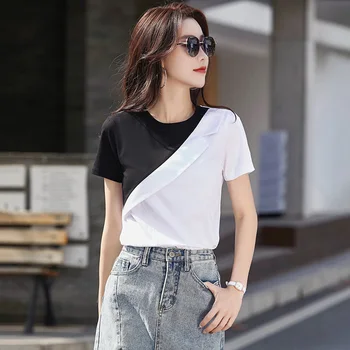 Новая Женская футболка в стиле блейзера, Летний модный тренд, O-образный вырез, короткий рукав, Тонкие хлопковые футболки, топы Черного, белого, контрастного цвета, дизайн