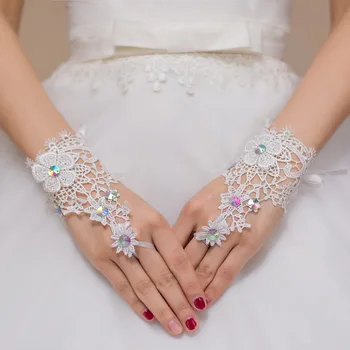 Новые свадебные кружевные перчатки с цветными кристаллами, кружевной вырез, бриллиантовые сетчатые перчатки без пальцев