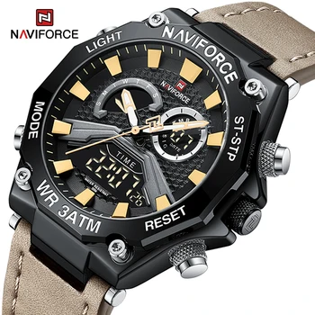 Новые тенденции, наручные часы бренда NAVIFORCE для мужчин, водонепроницаемые кварцевые часы из натуральной кожи, цифровые спортивные мужские часы с двойным дисплеем