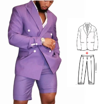 Новый Дизайн, Фиолетовый Мужской костюм 2023, Двубортные Короткие Брюки, Смокинг для жениха, Свадебные костюмы для Шафера, 2 предмета (блейзер + брюки)