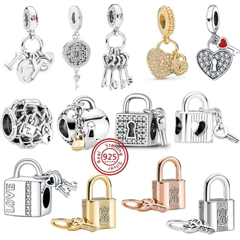 Новый замок, висячий замок и брелок для ключей, Подвесной Оригинальный браслет Pandora, Ожерелье из 100% Серебра 925 Пробы, Модные ювелирные изделия, подарки