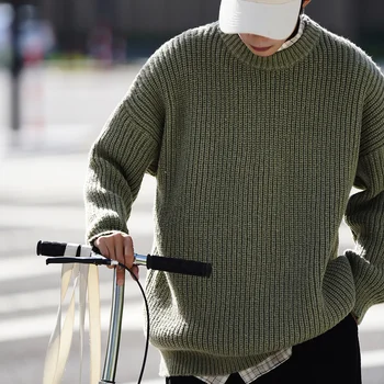Осенне-зимние мужские однотонные повседневные свитера с круглым вырезом, пуловер, мужской длинный свитер в японском стиле для пар, модный теплый вязаный свитер
