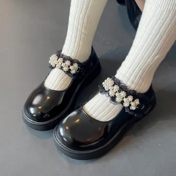 Осенняя новая детская кожаная обувь Черного, бежевого, белого цвета, Обувь принцессы для девочек, мягкая подошва, тонкие туфли в британском стиле для детей, студентов