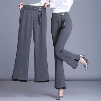 Офисные женские Корейские однотонные расклешенные брюки, весна-осень, Новая женская уличная мода, Кружевные брюки с высокой талией, Свободные широкие брюки