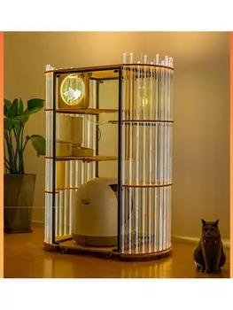 Панорамная вилла для кошек из массива дерева / Кошачий домик из прозрачного стекла на 360 °, Кошачья клетка / можно поставить умный ящик для кошачьего туалета, кошачий шкафчик
