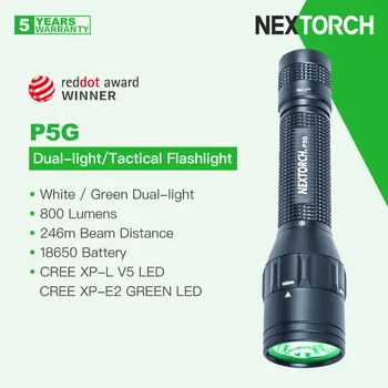 Перезаряжаемый светодиодный тактический фонарь Nextorch P5G, Фирменный Белый / зеленый с двойным освещением, батарея 18650 мощностью 800 Люмен, Двойная защита от ударов