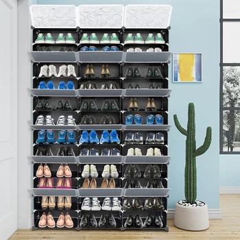 Переносной 12-ти уровневый шкаф для хранения обуви, 72 пары, Шкаф для хранения обуви, 36 стеллажей, расширяемая подставка для обуви, Ботинок, Тапочек Черного цвета