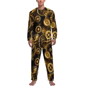 Пижама в стиле ретро Стимпанк, Мужская Пижама с принтом латунных шестеренок, Милое ночное белье, Весенние пижамные комплекты с длинными рукавами, 2 предмета, повседневные пижамные комплекты на заказ