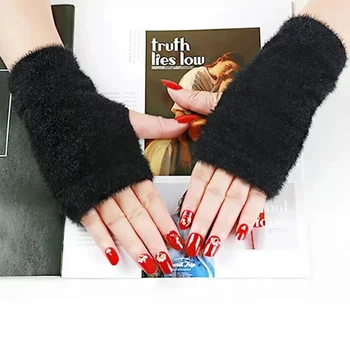 Пушистые женские теплые перчатки на полпальца, осенне-зимние вязаные студенческие перчатки для письма, вождения в офисе