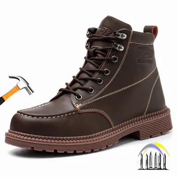 Рабочие ботинки с высоким берцем, кожаная рабочая обувь, водонепроницаемая защитная обувь, строительная обувь с защитой от проколов, мужская неразрушаемая рабочая обувь