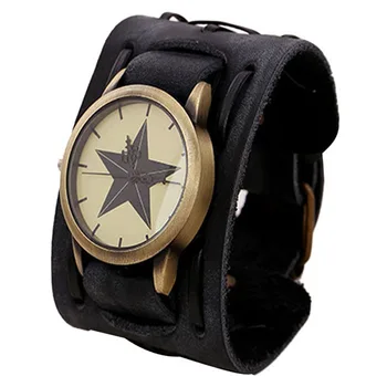 Ретро Часы relogio masculino Модный циферблат со звездами, Кварцевые наручные часы в стиле панк-рок, Коричневый Большой Широкий Кожаный браслет-манжета Для мужчин