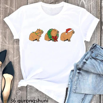 Рождественская футболка с изображением Капибары и животных, забавная белая футболка для девочек, Женская летняя модная футболка с коротким рукавом, женская уличная одежда